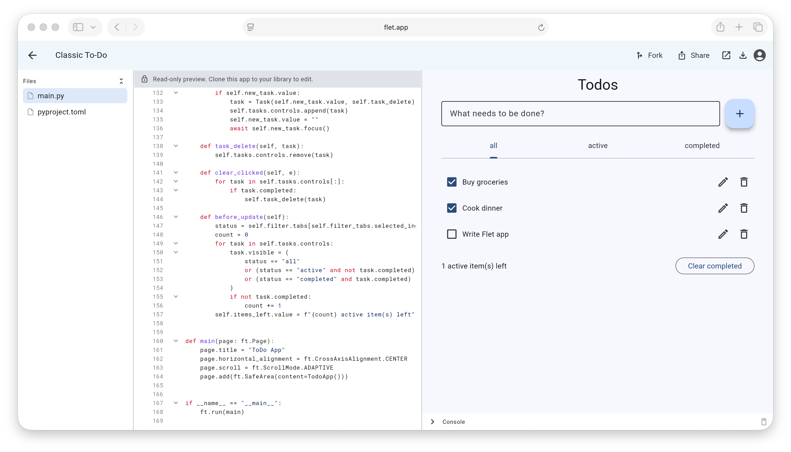 Flet Studio editor with file browser, code area, and live preview panel